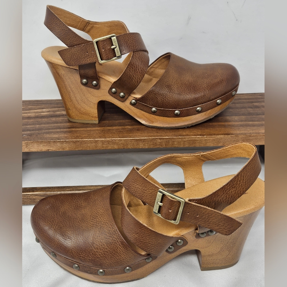 Kork-Ease Brown Leather Studded Wooden Clog Mules